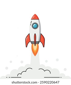 Rocket takes off with bright flames and clouds below.