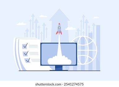 Rocket decola da tela do computador. conceito de start-up, sucesso e crescimento da empresa, soluções de sucesso e lucro financeiro, trabalho digital on-line. Vetor de desenho animado plano.