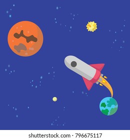 The rocket takes off from Earth to Mars