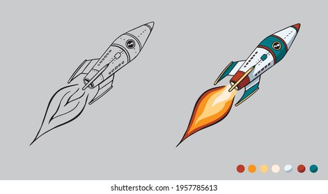 Rocket takes off and flies, cartoon hand drawn image in clip art style for coloring book pages