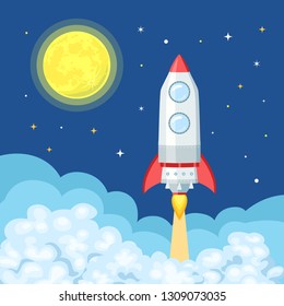 Rocket takes off. Flight to the moon. Vector illustration of space and spaceship in cartoon simple flat style.