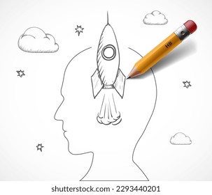 Rocket takes off from the human head. vector illustration