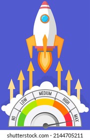 Rocket takes off into sky at high jet speed. Vector illustration spaceship and speedometer flat design. Rocket launch and fire flame, space ship startup, spacecraft liftoff cartoon development icon