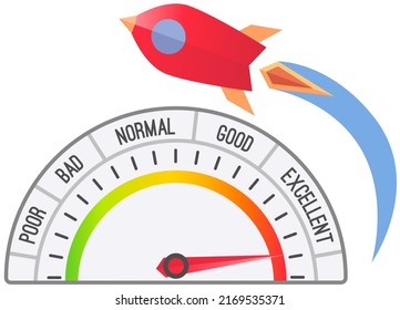 Rocket takes off into sky at high jet speed. Vector illustration spaceship and speedometer flat design. Rocket launch and fire flame, space ship startup, spacecraft liftoff cartoon development icon