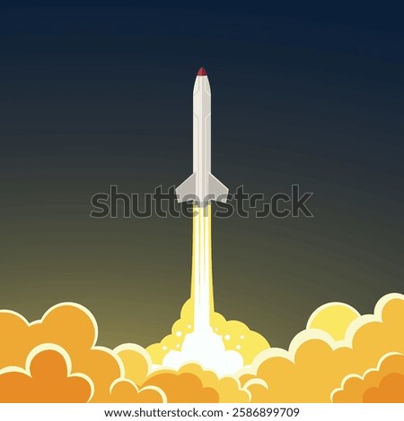 The rocket takes off into the sky, leaving behind a trail of fire and clouds of smoke, a space launch in the style of an illustration.