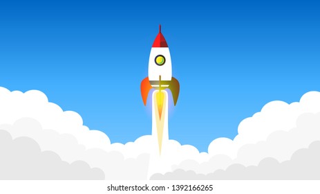 The rocket takes off into space against a blue sky in a club of smoke. Isolated object. Flat design. Vector illustration