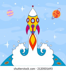 The rocket takes off into space among the stars and planets