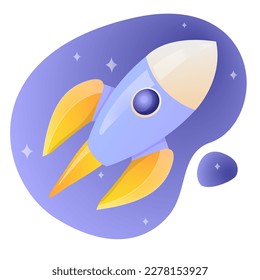 Rocket takes off into space as an indicator of business success. Cartoon vector illustration on the dark background.