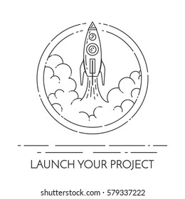 Rocket takes off isolated on white background. Modern line art vector illustration - concept for new business project start-up or launch of new products.