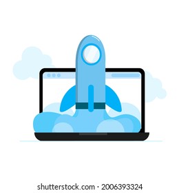The rocket takes off from the laptop. Rocket launch illustration with smoke on white isolated background