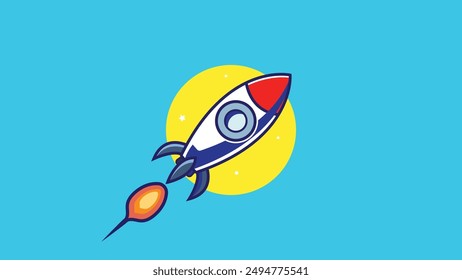 Rocket takes off, launch, space. The concept of the idea of new technologies, starting a business and innovative solutions and products. Creative idea. Yellow and Blue Background, Flat vector.