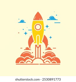 Rocket takes off, launch, space. The concept of the idea of new technologies, starting a business and innovative solutions and products. Creative idea. Flat vector.