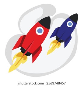 Rocket takes off, launch, space. Realistic Flying rocket vector illustration