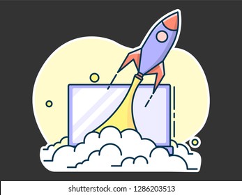 the rocket takes off leaving behind him puffs of smoke, the concept of a startup and ideas