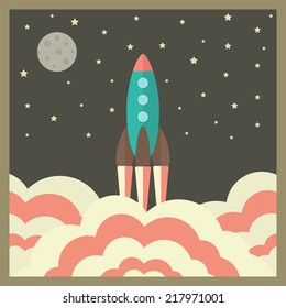 rocket takes off at night and business start up concept in retro style. flat design modern vector illustration 