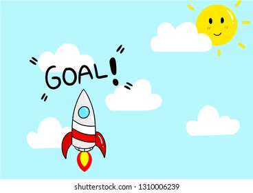 Rocket takes off on sky background.Vector illustration.Goal concept