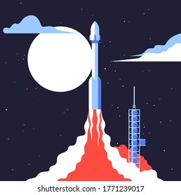 Rocket takes off on the starry sky background. Cartoon vector illustration