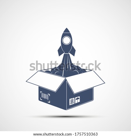 Rocket takes off from an open cardboard box. Icon isolated on a white background. Vector logo.