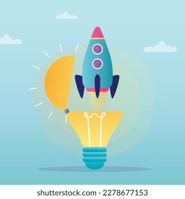 Rocket takes off from an open glowing light bulb. Launching new project, startup. Innovative idea leads to launch of successful enterprise. Idea pitching, brainstorming. Business development. vector