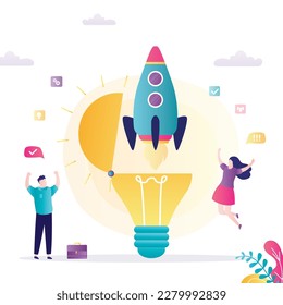 Rocket takes off from an open glowing light bulb. Business people rejoice in launch new project, startup. Innovative idea leads to launch of successful enterprise. Idea pitching, brainstorming. vector