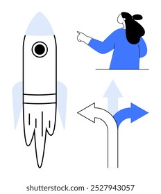 Rocket takes off person points to arrows indicating direction choices. Ideal for startups, innovation, decision-making, progress, and career. Modern, minimalistic, vector style