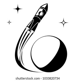 The rocket takes off from the planet, flies between the stars.