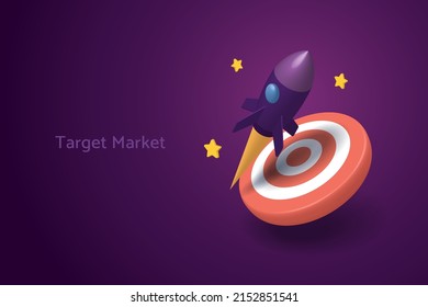 Rocket takes off with a red dartboard on a purple background business strategy starting on target. 3D isometric vector illustration.