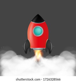 The rocket takes off. Red rocket isolated on a gray background. Suitable for motivation, career growth and achievement. Vector.