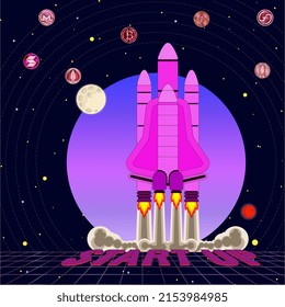 The rocket takes off from the spaceport with the inscription Start up. Color vector illustration with images of cryptocurrencies and planets. Allegory of a successful new project.
