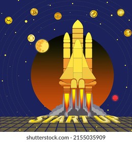 The rocket takes off from the spaceport with the inscription Start up. Color vector illustration with images of cryptocurrencies and planets. Allegory of a successful new project.
