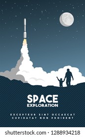 Rocket takes off in the starry sky. Space Research Poster.