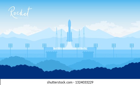 Rocket takes off in the starry sky backround. Spaceship begins the mission concept. Spacecraft takes off into space illustration