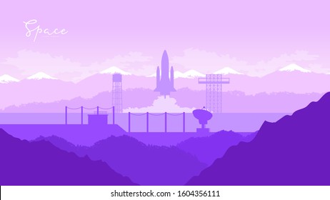Rocket takes off in the starry sky backround. Spaceship begins the mission concept. Spacecraft takes off into space illustration