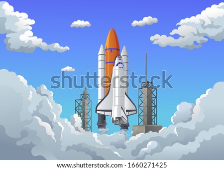 Rocket takes off in the starry sky. Spaceship begins the mission. Space shuttle taking off on a mission.