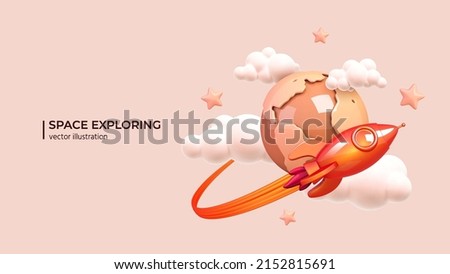 Rocket takes off in the starry sky - Space exploring concept. Realistic 3d design of Rocket launching on the space mission or tourism in cartoon minimal style. Vector illustration