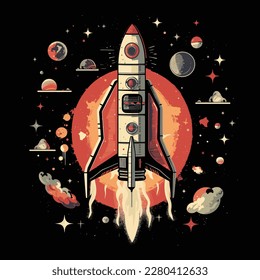 Rocket takes off startup symbol in retro vintage style. Retro logo with a rising colorful rocket. Spaceship flies away into space.