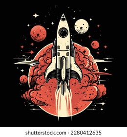 Rocket takes off startup symbol in retro vintage style. Retro logo with a rising colorful rocket. Spaceship flies away into space.