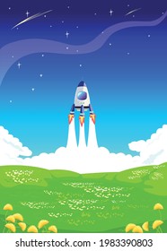 The rocket takes off from the surface of the green planet against the background of the starry sky. Space travel and exploration, vector horizontal illustrations in cartoon style.