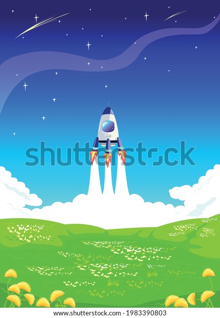 The rocket\
takes off from the surface of the green planet against the\
background of the starry sky. Space travel and exploration, vector\
horizontal illustrations in cartoon\
style.