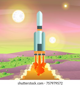 A rocket takes off from the surface of the planet with lilac soil and green acid streams with bubbles. Space travel. Colonization of the planets. Vector landscape.