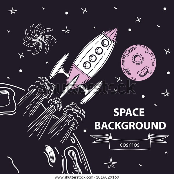 the rocket takes\
off from the surface of the planet. Vector illustration on a theme\
of astronomy.