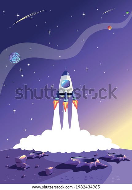 The rocket takes\
off from the surface of the planet against the background of the\
starry sky. Space travel and exploration, vector vertical\
illustration in cartoon\
style.