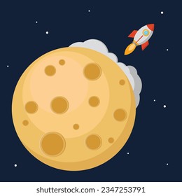 Rocket takes off from the surface of the yellow moon. Business start-up concept. Colorful illustration in cartoon style.