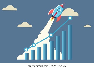 Rocket taking off alongside a rising graph. Illustrates compound interest, wealth accumulation, and achieving financial goals.