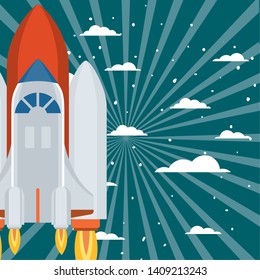 rocket taking off with clouds of background