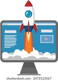 Rocket Taking Off from Computer Screen, Symbol of New Business Start Up and Product Launch, Successful Start Up and Innovative Business Project with a Creative Idea Vector Illustration