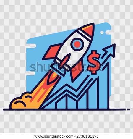 Rocket taking off with dollar sign and ascending graph symbolizing financial growth