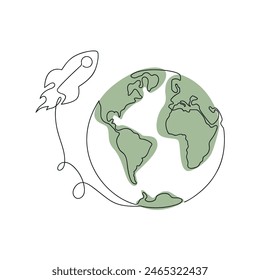 Rocket taking off, drawn in one continuous line. One line drawing, minimalism. Vector illustration.