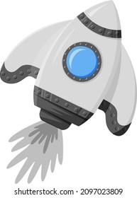 Rocket taking off with fire. Vector black and white image of a spaceship. Space elements and stickers on transparent background. Business startup concept