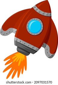 Rocket taking off with fire. Vector image of a red spaceship. Space elements and stickers on transparent background. Business startup concept